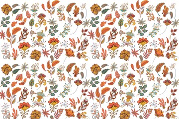 Handcrafted batik fabric pattern with autumn leaves and floral motifs in warm earth tones © saif