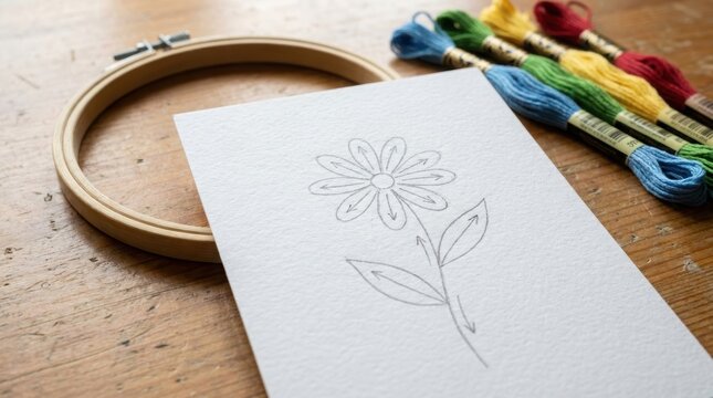 Gardening planning concept with colored pencils, wooden board, sketchbook, and plant drawings for self-sufficient home landscaping and sustainable garden design
