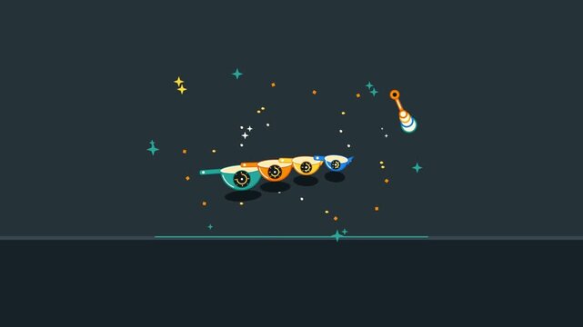 Animated Sequence of Colorful Measuring Cups Floating Through Space