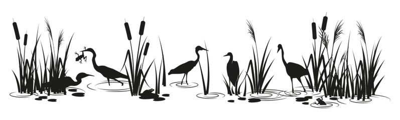 Naklejka premium Swamp landscape. Marsh silhouette border with birds and reeds. Pond outdoor panorama of a wetland ecosystem. Natural wildlife scene of herons hunting to frogs.