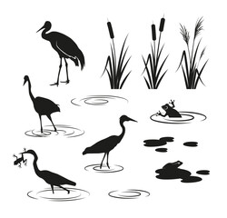 Naklejka premium Heron, reeds and frogs silhouettes. Swamp, marsh wetland ecosystem decoration elements.