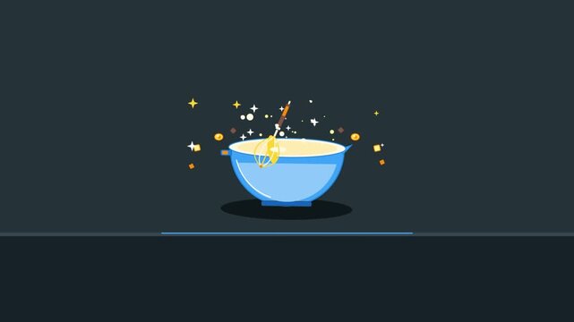 Minimalist Animation of a Whisk Mixing Ingredients in a Blue Bowl