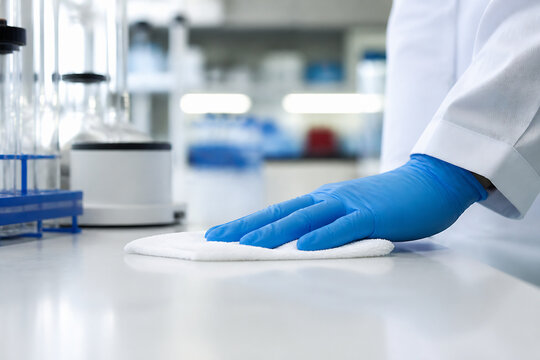 A person in a lab coat and blue gloves is wiping a surface with a white cloth in a laboratory setting.
