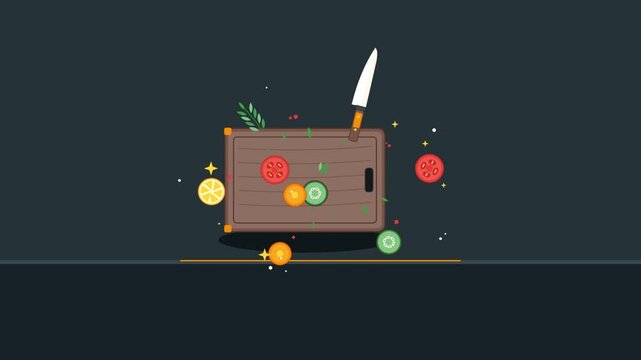 Minimalist Animated Cooking Scene with Floating Ingredients