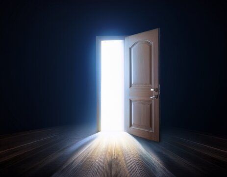 glowing light from partially opened door symbolizing opportunity change or discovery