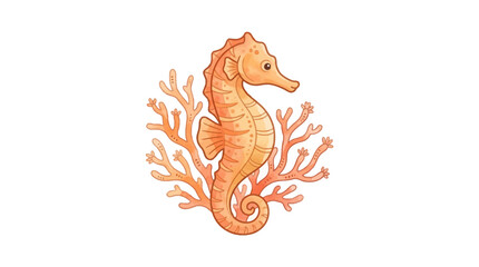 Orange seahorse swimming near pink coral reef branches. © Tawang