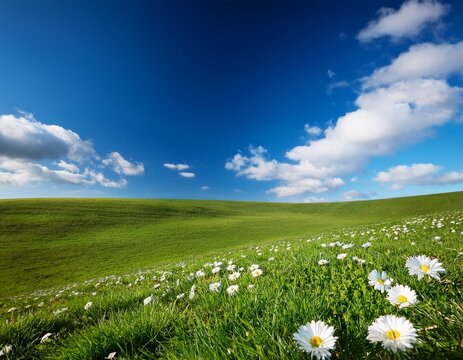 blue sky white clouds and green grassland with some small flowers blooming on the ground