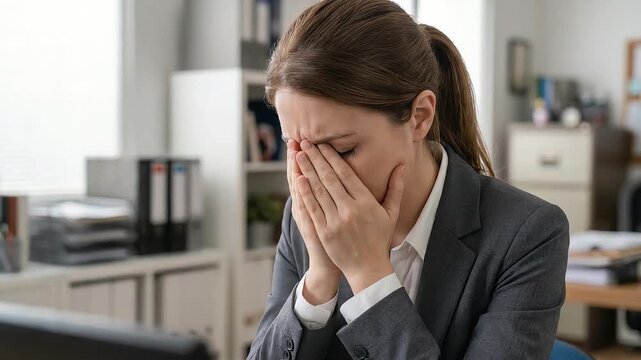 A businesswoman sits at her office desk, covering her face with both hands and hanging her head.