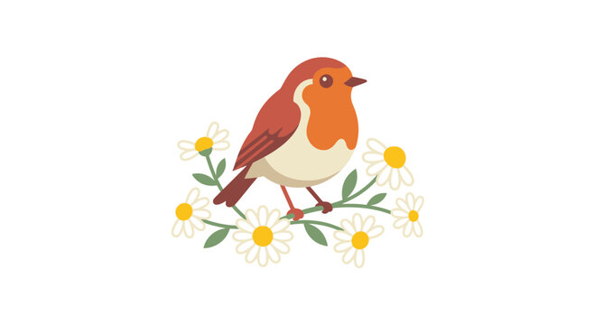 Robin bird illustration with yellow flowers