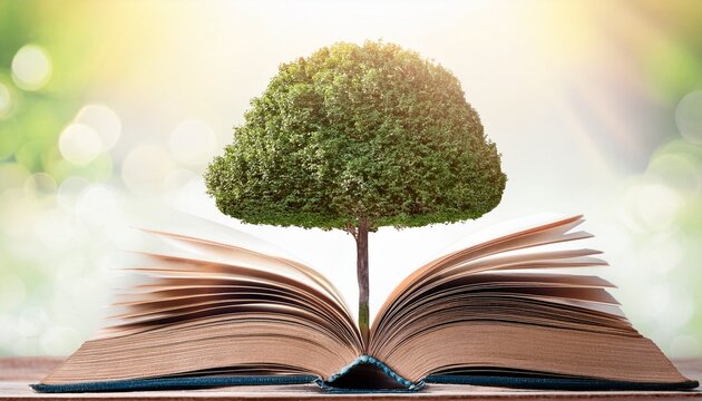 tree growing from an open book symbolizing knowledge and sustainability