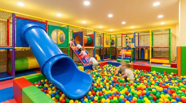 Vibrant Indoor Children Play Area Featuring Blue Plastic Slide Fun Descent Into Multicolored Ball Pool Fun Activity Center blue plastic slide colorful ball pit children indoor playground play room