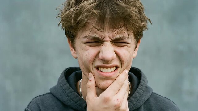 A young man clutches his jaw in agony, his face contorted in pain from a severe toothache.