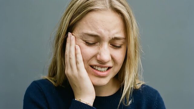A young blonde woman clutches her cheek and winces in pain from a severe toothache.