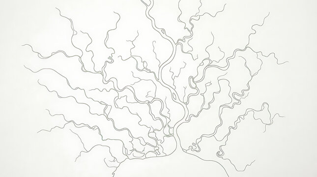 Minimalist river delta line art map in monochrome black and white for modern topographical design and creative cartography project.