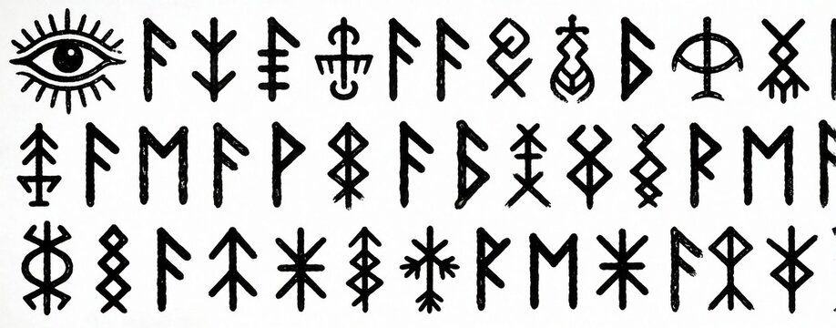 Collection of ancient Norse runes and mystic symbols arranged in rows. Includes eye symbol, tree, and various occultic glyphs, hinting at magic and divination.