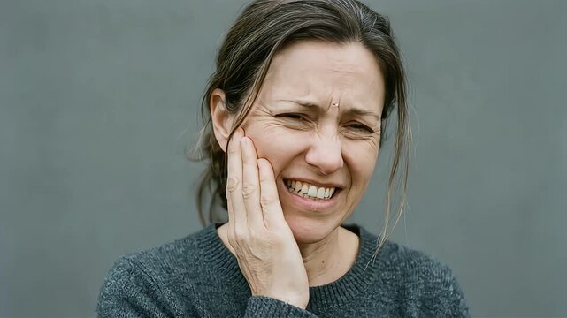 A middle-aged woman winces and clutches her cheek in sudden, severe tooth pain.