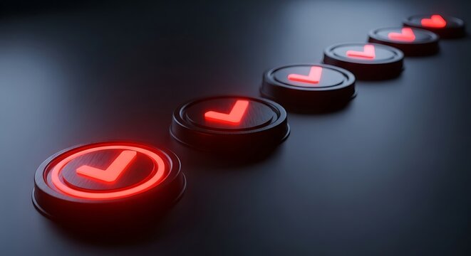 Row of glowing red checkmark buttons on a dark surface, representing confirmation, success, and completion, with spotlight effect