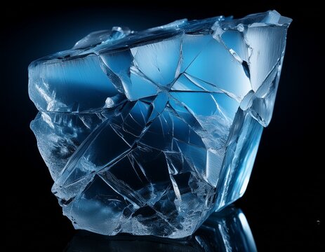 broken ice crushed textured ice with cracks on a black background in cold blue tones