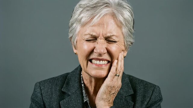 An elderly woman in a suit clutches her cheek, wincing in severe tooth pain.
