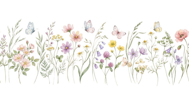 Watercolor border of colorful wildflowers and butterflies