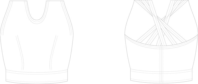 Technical flat sketch of women multi strap criss cross back sports bra activewear garment design template vector illustration