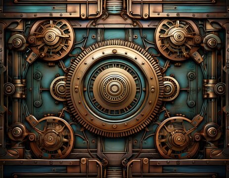 detailed mechanical wall background featuring aged metal panels complex pipes rivets and large central gears in a futuristic or industrial style