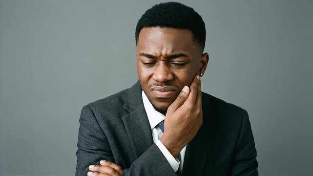 A Black man in a suit clutches his cheek, his face showing pain from a toothache.