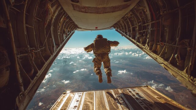 Soldier parachuting from plane, A soldier in full gear parachuting from an aircraft