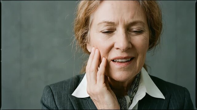A senior woman closes her eyes and endures a severe toothache.