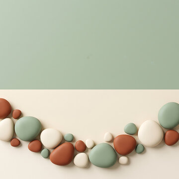 Smooth river stones in sage green and terracotta red arranged on dual tone cream and mint background for wellness product display.