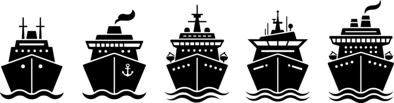 Set of five different black ship icons