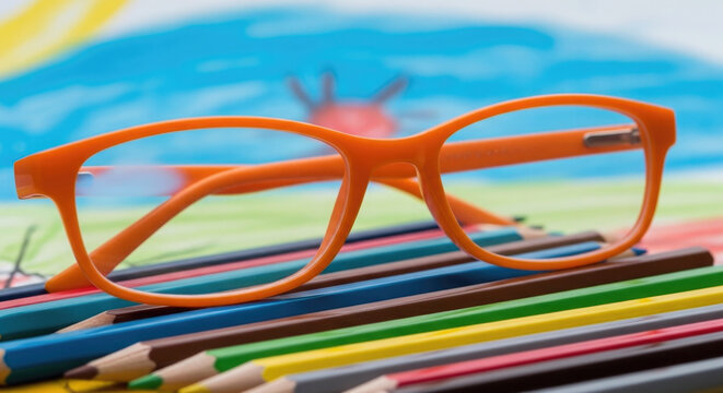 Orange eyeglasses resting on colorful pencils with blurred artistic background