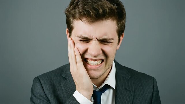 A man in a suit closes his eyes, unable to bear the toothache any longer.