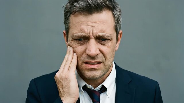 A businessman closes his eyes and clutches his cheek in agony from a severe toothache.
