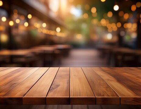 wooden board empty table in front of blurred background brown wooden perspective over blur in cafe or restaurant can use for display product mock up for product display generative ai