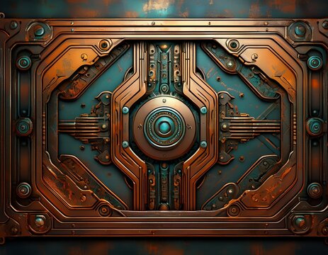futuristic metal panel with circuitry and rust texture