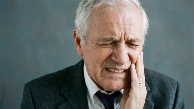 A senior man clutches his cheek, his face showing distress at the sudden, severe toothache.