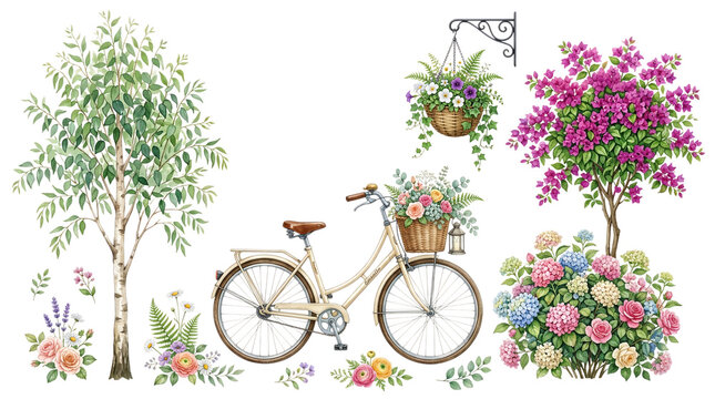 Watercolor bicycle with flowers and blooming garden trees