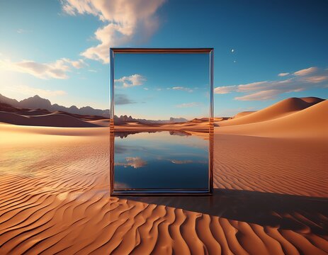 surreal desert landscape with an abstract mirror and water reflection creating a dreamy atmosphere