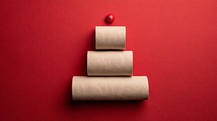 Fototapeta premium Three toilet paper rolls stacked in a pyramid shape with a red ornament on top, resembling a Christmas tree against a red backdrop.