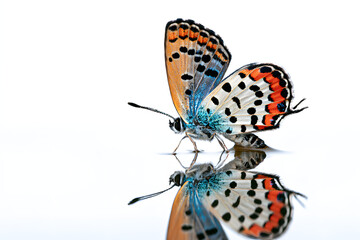 Naklejka premium A beautiful butterfly with orange and blue wings standing on a reflective surface isolated on white background