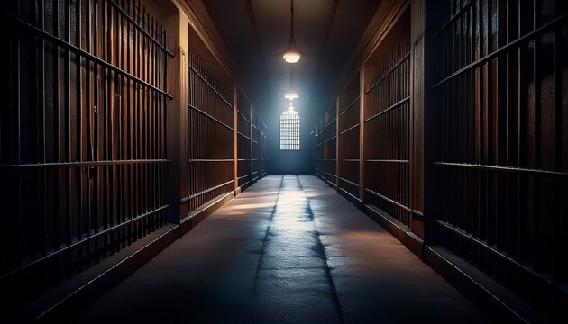 a long narrow dimly lit prison corridor with barred cells on either side a single window at the end of the corridor casts a beam of light into the darkness a dark atmospheric generative ai image