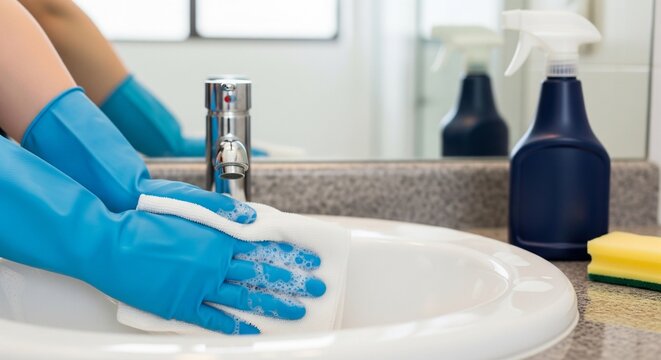 Close-up of a hand in a blue rubber glove wiping a bathroom sink faucet and counter with a sponge, focusing on daily home surface cleaning.