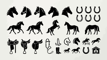 Fototapeta premium Minimalist horse vector illustrations for equestrian design. Simple horse and saddle icons for branding and marketing.