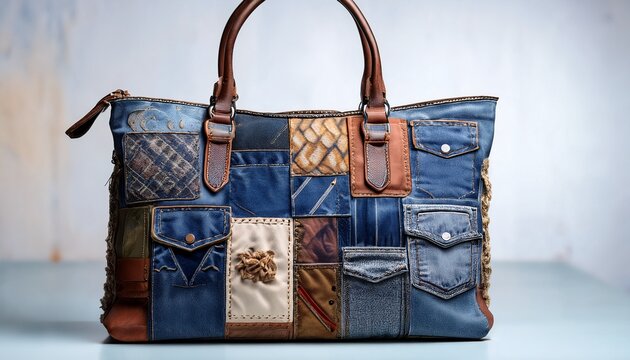patchwork tote bag with distressed denim and leather accents