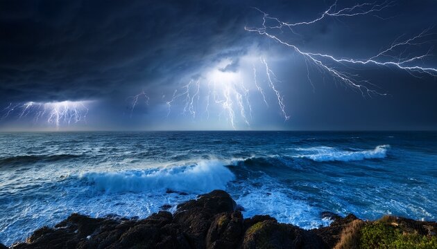 dramatic lightning storm over ocean with dark clouds and crashing waves during heavy thunderstorm at night