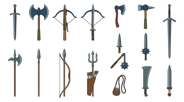 Collection of medieval weaponry depicted as a vector illustration on a white background