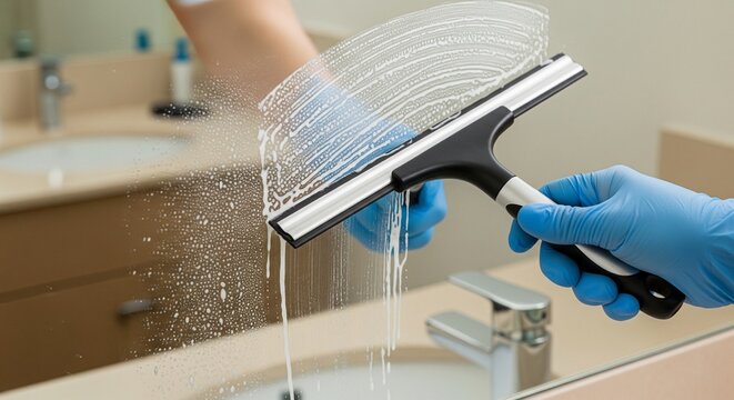 Squeegee wiping soapy water off a glass mirror or window surface.