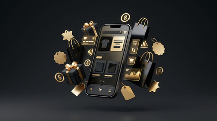 Naklejka premium A smartphone with e-commerce icons and shopping bags floating around it Black Friday Sale and Shopping Promotion