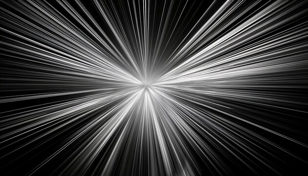 abstract light burst with motion blur monochrome explosion of white rays on black background dynamic speed lines and radial zoom effect